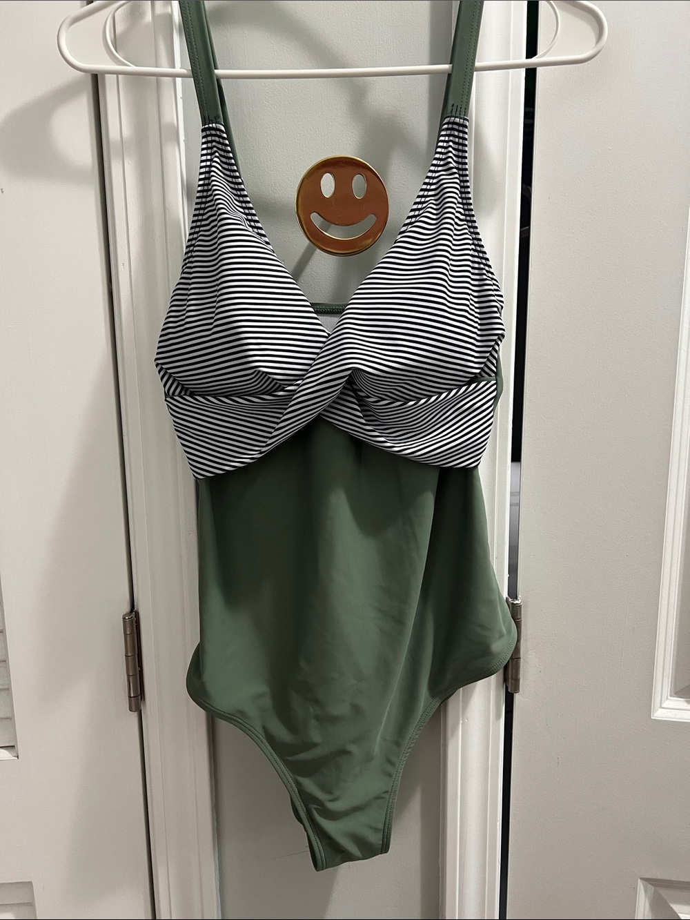Striped Bust Olive One-Piece Swimsuit with Twist Front
